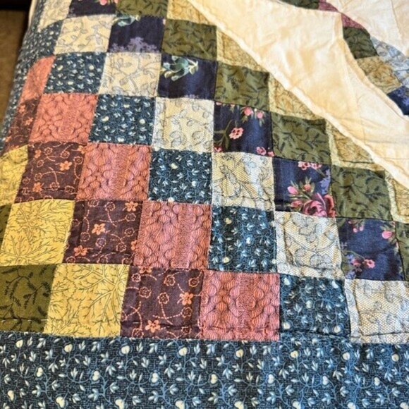 Vintage Lonestar Quilt Blue Yellow Green Patchwork Scalloped Edge - Picture 3 of 10